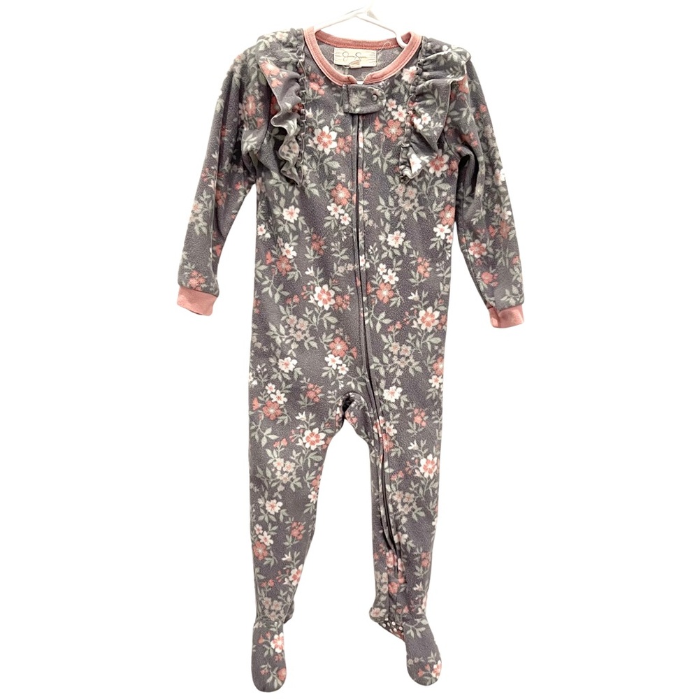 Jessica Simpson Floral Kids Footie - Gray and Pink Fleece Ruffle Details Size 3T